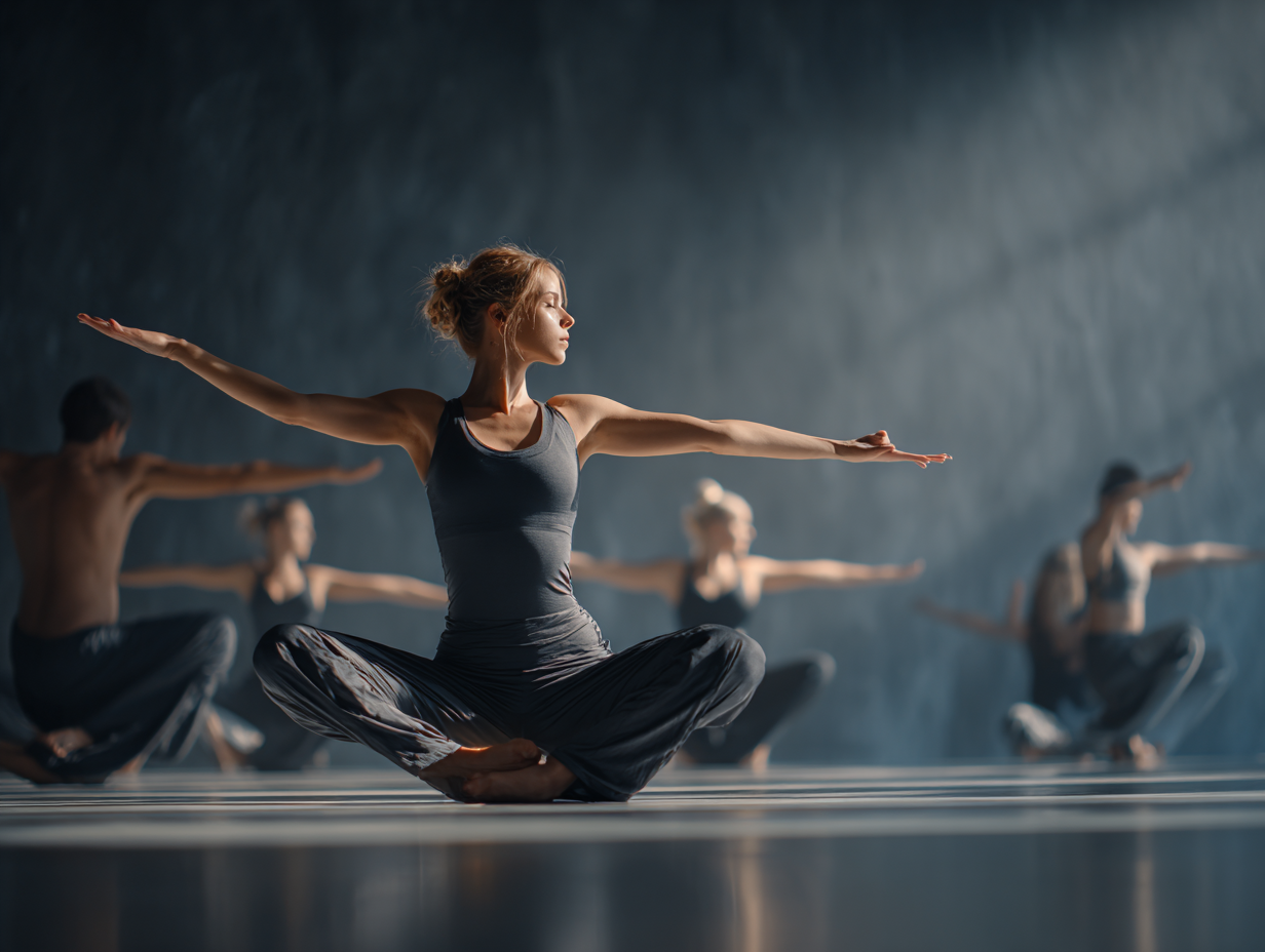 Група людей практикує йогу в студії